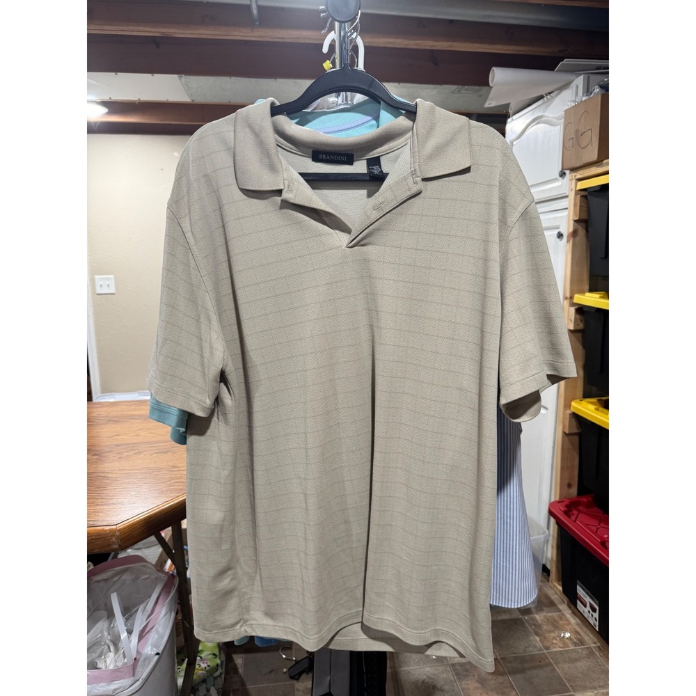 Brandini Mens XL Tan Windowpane Polo Shirt Short Sleeve Modal Blend JohnnyCollar